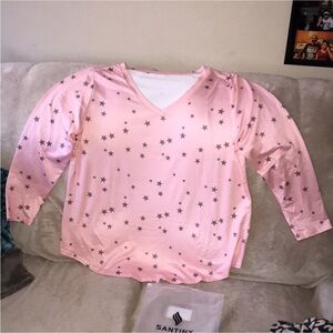 Ritera Pink V neck long sleeved shirt with grey stars XL stretchy New
